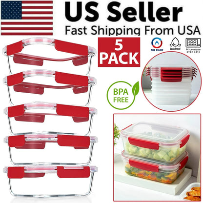 5 Pack Stackable Food Storage Containers Airtight & Leakproof Set Snap Lock Lids - Johnbob's