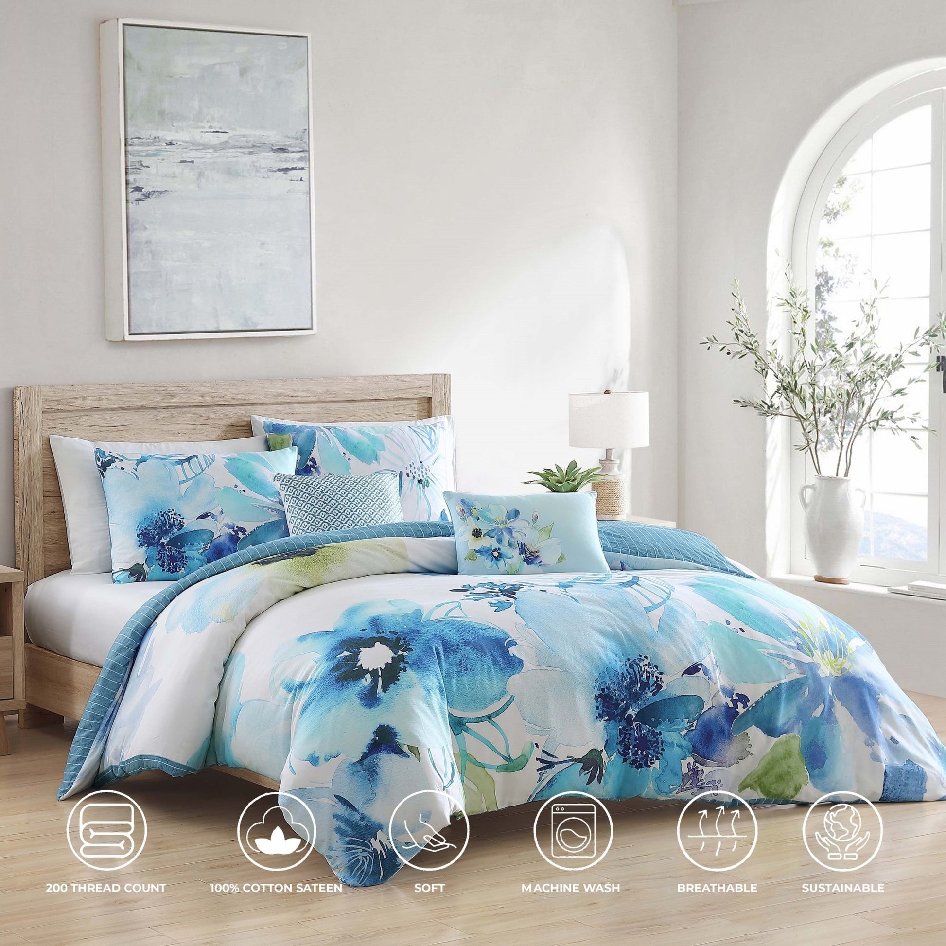 Bebejan Watercolor Blue 100% Cotton 5 - Piece Reversible Comforter Set - Johnbob's General Store