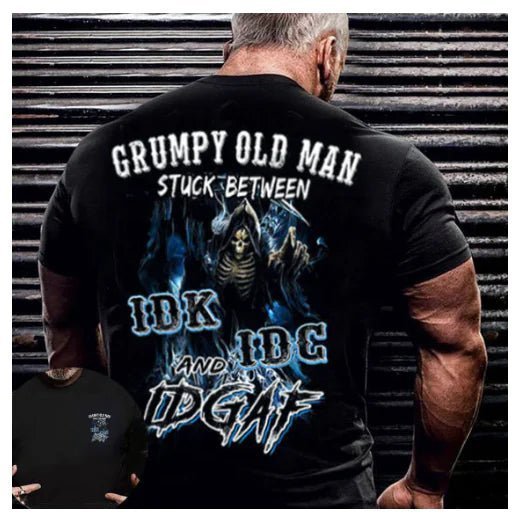 Men's "Grumpy Old Man Stuck Between IDK, IDC and IDGAF" T-Shirt - Johnbob's