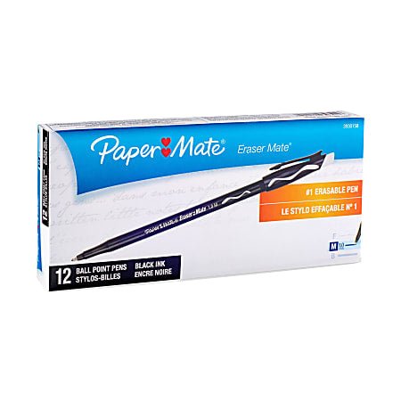 Paper Mate Eraser Mate Ballpoint Erasable Pens, 12 Pack, Medium - Black Ink (3930158) - Johnbob's General Store