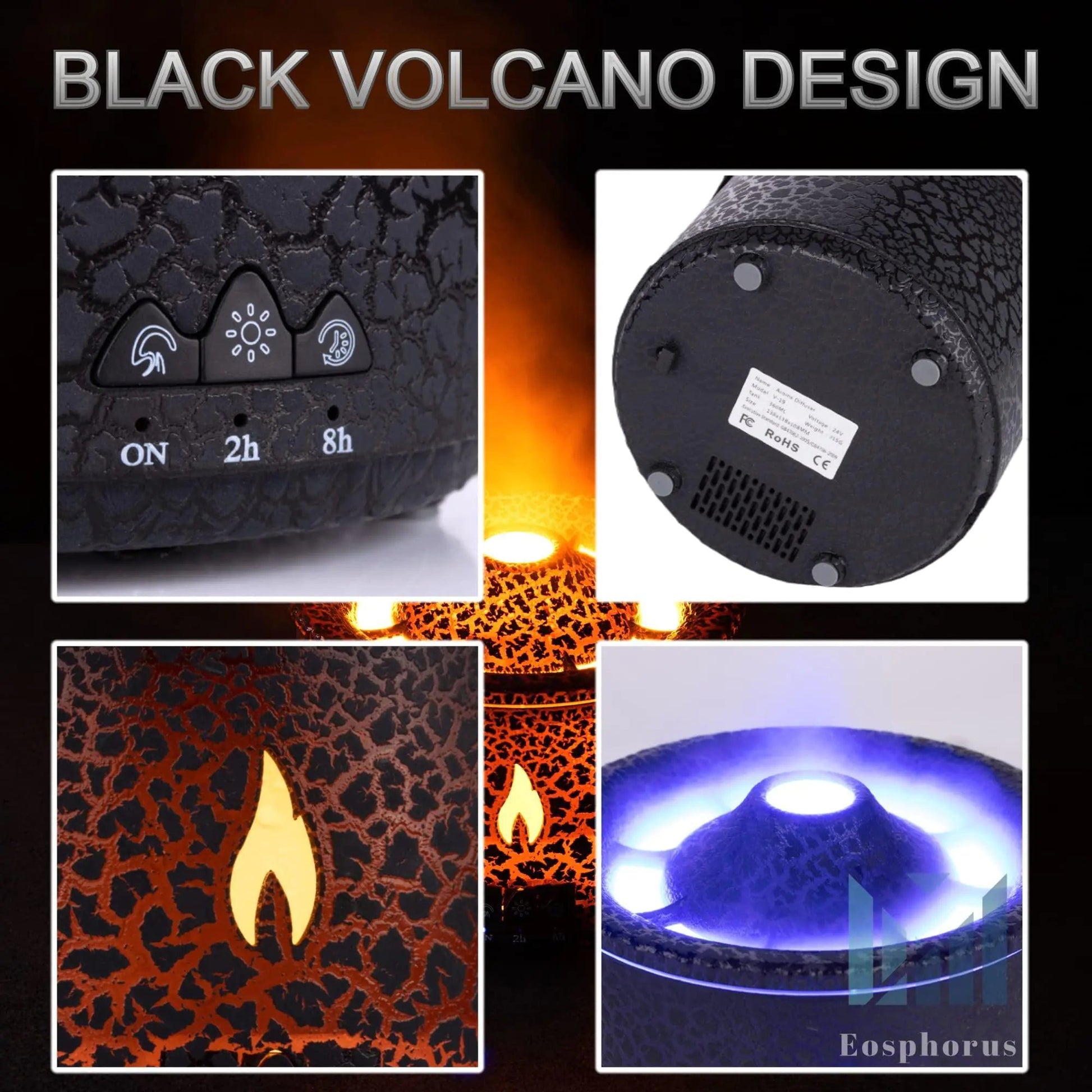 Volcano Diffuser for Essential Oils Aromatherapy Humidifier Diffuser Black 360ml - Johnbob's