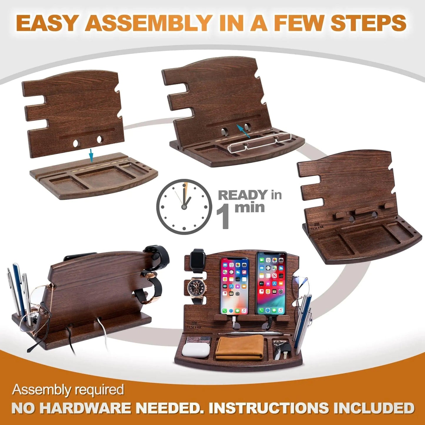 Wood Phone Docking Station Natural Ash Phone Key Holder Wallet Watch Stand Gift - Johnbob's