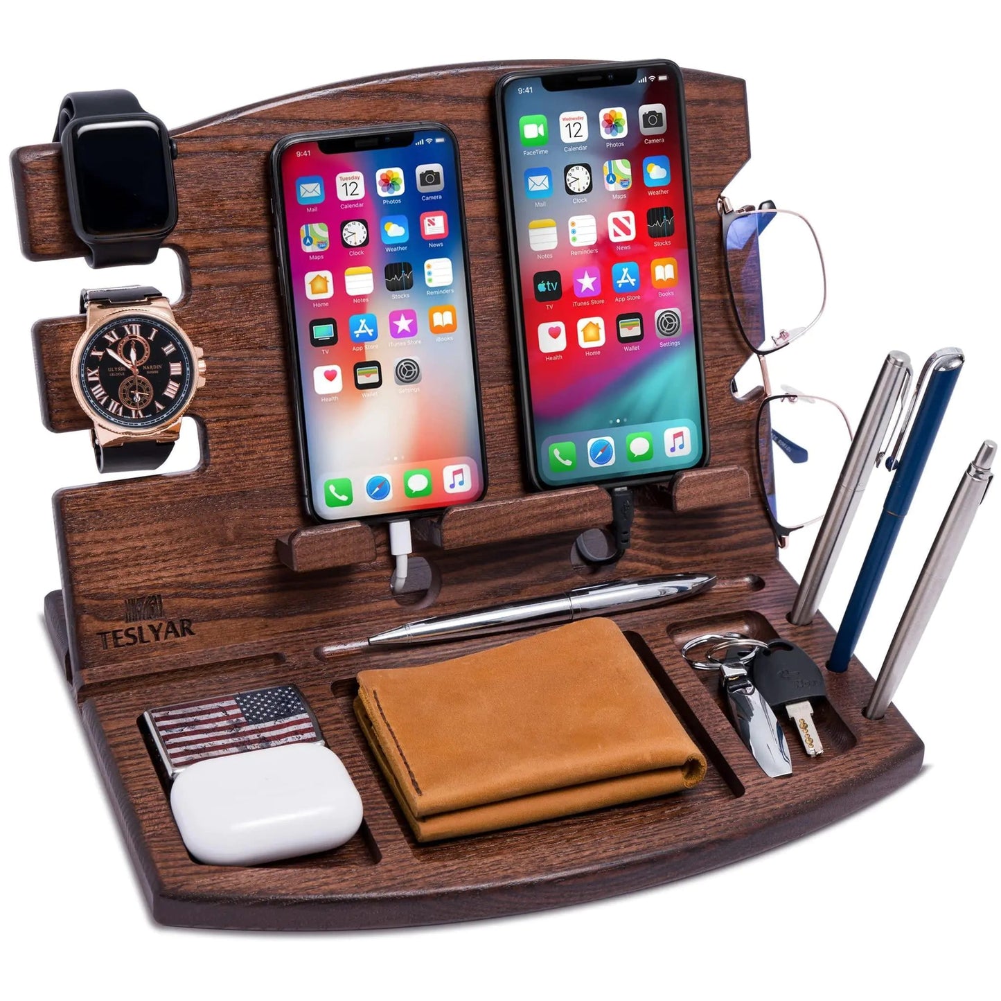 Wood Phone Docking Station Natural Ash Phone Key Holder Wallet Watch Stand Gift - Johnbob's