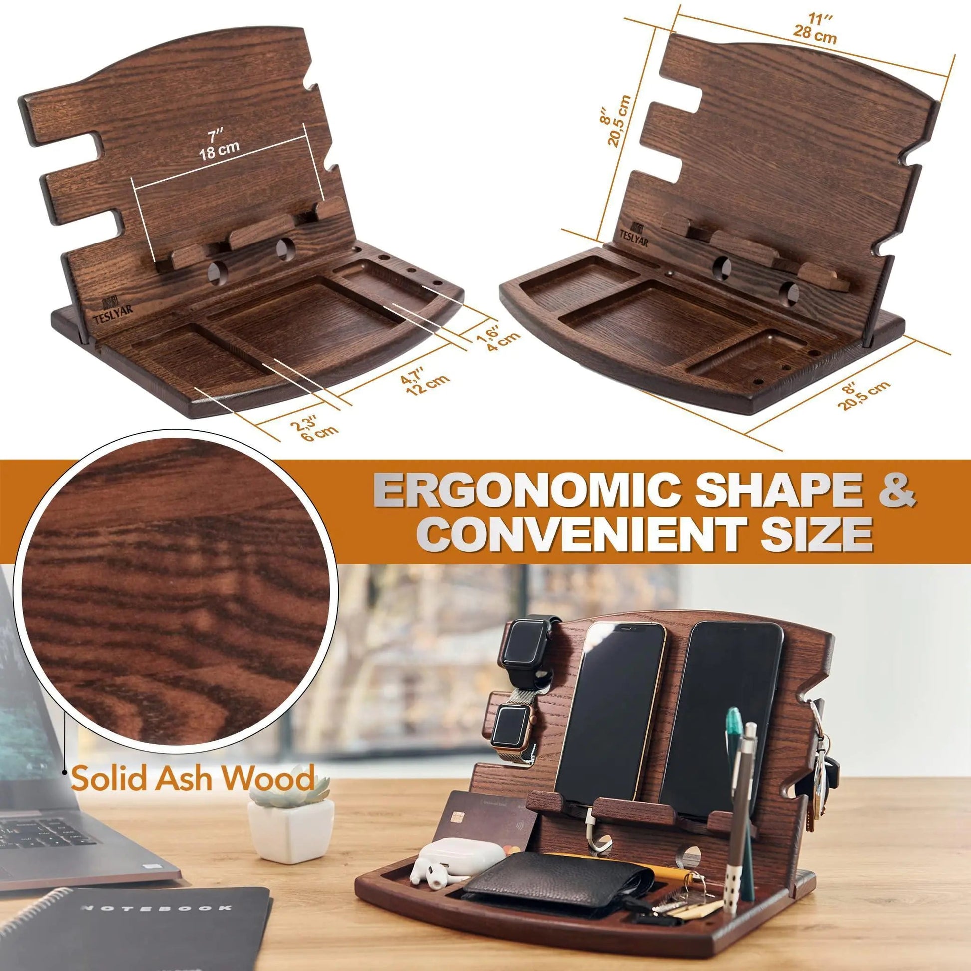 Wood Phone Docking Station Natural Ash Phone Key Holder Wallet Watch Stand Gift - Johnbob's